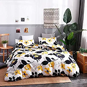 KINBEDY 3 Pieces White Bedding Yellow Flowers Printed Colorful Bright Plant Duvet Cover Set White Bedding Sets Soft Fiber Bedding Sets Queen Size.