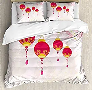 Full Size Lantern 4 Piece Bedding Set Duvet Cover Set, New Year of Chinese Calendar Celebrations Eastern Imagery Abstract Asian Art, Comforter Cover Bedspread Pillow Cases with Zipper Closure