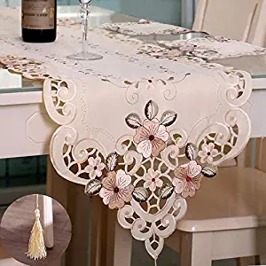 YHMAE Flowers Embroidered Table Runner, Fashion Contracted Tea Table Cover Polyester Table Linen for Restaurant Kitchen Dining Wedding Party Banquet Events A Three-Piece (15.74’’W x 69.29’’L)