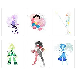 Crystal Watercolor Steven Universe Poster Prints - Set of 6 (8x10) Minimalist Gems Fanart Wall Art Decor - Pearl - Garnet - Amethyst - Lapis Lazuli - Peridot