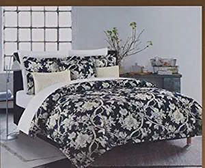 Nicole Miller King Quilt Duvet Cover Set 3 pc Floral Vines Jacobean Bohemian Blue White Lavendar 300 thread count Cotton Bedding