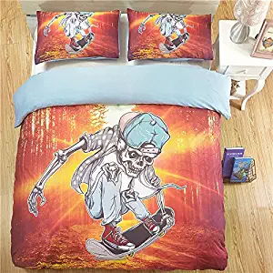 HULI 3D skateboard skeleton Bedding Sets for Kids,3 Piece Duvet Cover Set,With hide Zipper,1 Duvet Cover+2 Pillow Shams,Twin