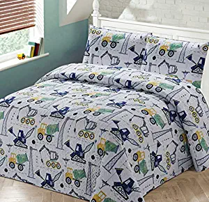 Luxury Home Collection 3 Piece Full/Queen Size Quilt Coverlet Bedspread Bedding Set for Kids Teens Construction Equipment Trucks Crane Cement Mixer Bulldozer Navy Blue White Gray Yellow Green