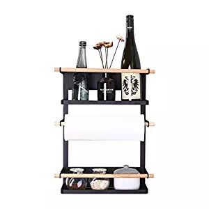 Kitchen Rack - Magnetic Fridge Organizer - 18.1x12.7x5 INCH - Paper Towel Holder, Rustproof Spice Jars Rack, Heavy-duty Refrigerator Shelf Storage Including 6 Removable Hooks (BLACK) - 2018 New Design