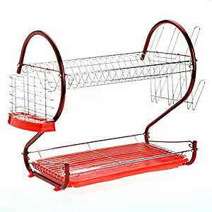 2 Tier Dish Rack with Utensil Holder, Cutting Board Holder and Dish Drainer for Home Kitchen (Red)