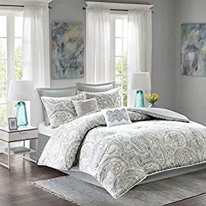 Comfort Spaces Kashmir 8 Piece Comforter Set Hypoallergenic Microfiber Lightweight All Season Paisley Print Bedding, Cal King, Soft Blue