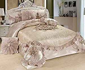 Tache 6 Piece Solid Beige Floral Crème Sweet Victorian Satin Comforter Set, Cal King