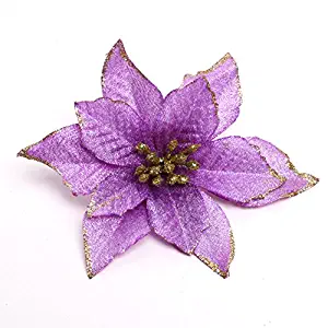 Zabrina 12 Pcs 13cm Christmas Tree Decorative Silk Flower Gold Poinsettia Bush and Red Poinsettia Bush Artificial Flowers Red Glitter Poinsettia Christmas Tree Ornaments (Purple)