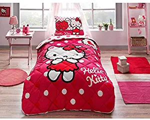 paradise RANFORCE 100% Cotton Kids Bedding, Hello Kitty Themed Comforter Set with Flat Sheet, Girls Bedroom Set, Twin XL/Twin Size