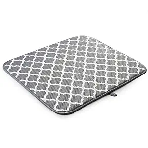 SRENTA 18" X 16" Microfiber Dish Drying Mat Super Absorbent Dish Drainer Kitchen Pad with Hanging Loop, Gray Trellis