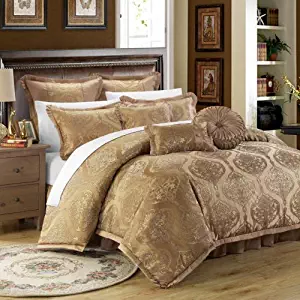 Chic Home 9 Piece Como Decorator Upholstery Quality Jacquard Motif Fabric Bedroom Comforter Set & Pillows Ensemble, King, Gold