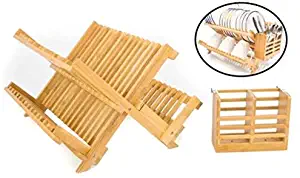 ADORN HOME BAMBOO CUTLERY, PLATE & UTENSIL DRYING DISH RACK, DETACHABLE UTENSIL HOLDER, FOLDABLE DISH RACK DESIGN| 2 ADDITIONAL BOTTOM CUP RACKS | 16 PLATE SLOTS