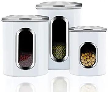 Canisters Sets,3 Piece Window Kitchen Canister with Fingerprint Resistance Lids,Cream White