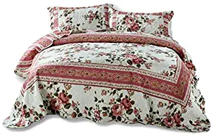 DaDa Bedding Cottage Bedspread Set Dusty Roses Reversible Quilted Coverlet Vibrant Floral Multi Colorful Mauve Pink, Queen, Multicolor