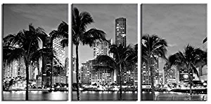 Large Art Canvas Print - Miami Beach Skyline Night Cityscape, Miami City Canvas Print, Miami Night Art Canvas Print, Unsleep City, Ny City - 20x30 Inch Each Panel- 60x30 Inch Total