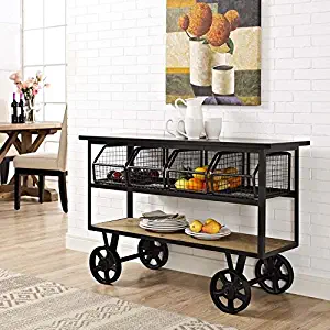 Modway Fairground Industrial Modern Rustic Farmhouse Pine Wood and Steel Rolling Cart Kitchen Serving Stand in Brown - Fully Assembled