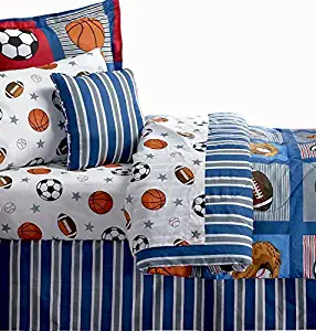 BOYS SPORTS PATCH Football Basketball Soccer Balls Baseball Blue Comforter Set (TWIN SIZE 6pc Bed In A Bag)