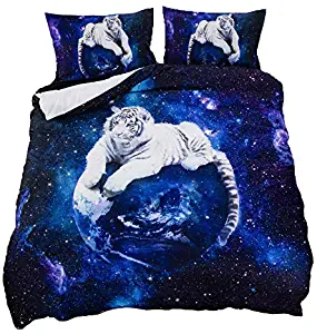 Suncloris,Galaxy White Tiger,3PC Bedding Sheet Set .Included:1Duvet Cover,2Pillowcase(no Comforter Inside) (Full/Queen)