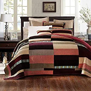 DaDa Bedding Classical Desert Sands Reversible Real Patchwork Quilted Bedspread Set - Striped Autumn Warm Tones Brown Burgundy Multi-Color Print - Full - 3-Pieces