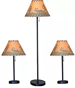 Catalina Lighting Lodge Table and Floor Lamp Set with Printed Pattern on Oil Paper Shade, Rope Stitched Trim and Pull Chain Switch, 19908-000