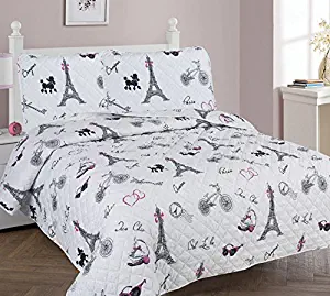 Golden Linens Full Size 3 Pieces Printed Bedspread Coverlet Multi colors White Black Pink Paris Eiffel Tower Design Girls / Kids/ Teens # Paris Quilt