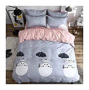 KFZ Bed Set Totoro Cat Print 3pcs Bedding Set Duvet Cover Without Comforter Flat Sheet Pillowcase XS Twin Full Queen for Kids Teens Sheets Set (Magic Cat, Grey, Twin, 59"x78", 3pcs)