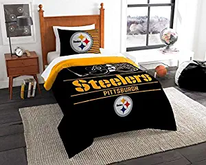 Pittsburgh Steelers - 2 Piece TWIN Size Printed Comforter Set - Entire Set Includes: 1 Twin Comforter (64”x86”) & 1 Pillow Sham - NFL Football Bedding Bedroom Accessories