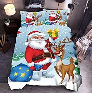 EIVMAX 3D Merry Christmas Santa Reindeer Elk Animal Snowflake Gift Forest Hat Beard Bird Print 3 Piece Duvet Cover Set Bedding Cover Sets for Kids Boys Girls Teens (A, Twin)