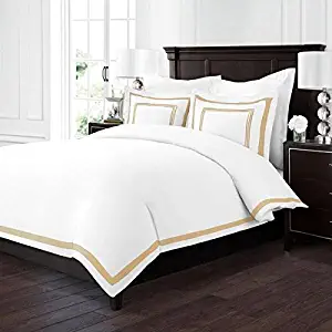 Sleep Restoration Luxury Soft Brushed Embroidered Microfiber Duvet Cover Set with Beautiful Trim & Embroidery Details - Hypoallergenic - Full/Queen - White/Gold