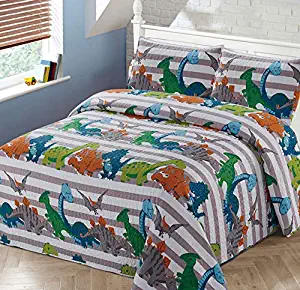 Luxury Home Collection 3 Piece Full/Queen Size Quilt Coverlet Bedspread Bedding Set for Kids Boys Dinosaur Blue White Green Orange Gray