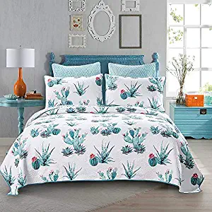 YAYIDAY Cotton Bedspread Quilt Sets Queen Size - Reversible Breathable Comforter Botanic Floral Quilted Coverlet with Pillow Shams, Modern Pattern Cactus