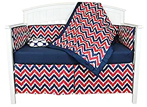 Bacati Zig Zag and Dots 5 Piece Crib Bedding Set with Bumper Pad, Blue/Red