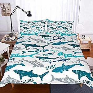 EIVMAX 3D Shark Ocean Natural Animal Surf Print 3 Piece Duvet Cover Set Bedding Cover Sets for Kids Boys Girls Teens (A, Queen)