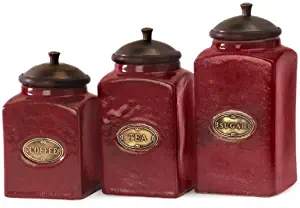 Set of 3 Rustic Red Lidded Ceramic Kitchen Canisters