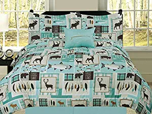 TkPlumb Fishing Lakehouse Cabin Lodge Comforter Bedding Set Bear Fish Deer Rustic, Blue (Twin)