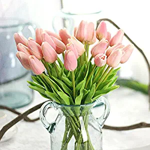 Bringsine Premium Artificial Flowers Real Touch Mini PU Tulips Bouquet Artificial Plants for Wedding Room Home Hotel Party Event Christmas Decor Pink Set of 30