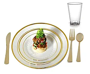 Plastic Plates Disposable-Silverware Combo | Elegant Gold Rimmed Dishes, Plastic Gold Cutlery and Crystal Clear Tumbler Dinner Service | Service for 24 (Plates, Silverware, with tumblers)