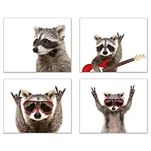 Rocker Raccoon Poster Prints - Set of 4 (8x10) Cute Funny Guitar Music Animal Wall Art Decor