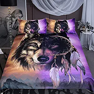 Sleepwish Wolf Dream Catcher Bedding, Tribal Wolf Midnight Mountains Print, Inspired Gold and Purple Duvet Cover, 3 Piece (Queen)