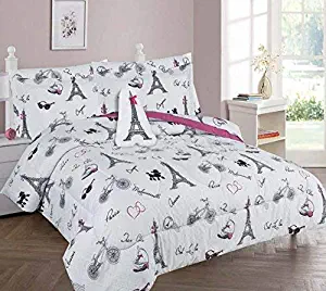 Goldenlinens Golden Linens Full Size 8 Pieces Printed Comforter with sheet set Bed in Bag Multi colors White Black Pink Paris Eiffel Tower Design Girls/Kids/Teens # Full 8 Pc Paris