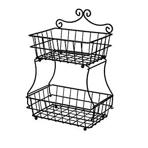 Linkfu 2 Tier Fruit/Bread Basket Removable Screwless Metal Storage Basket Rack for Snack, Bread, Fruit, Vegetables, Counter, Table, Kitchen and Home - Black