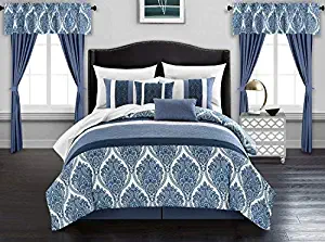 Chic Home Vivaldi 20 Piece Comforter Set Medallion Quilted Embroidered Design Complete Bag Bedding – Sheets Decorative Pillows Shams Window Treatments Curtains Included, King, Blue