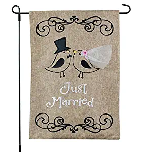 Just Married Banner, Garden Flag or Car Decoration - Bride and Groom Birds Design On Burlap Banner - 12x18 - Home Garden Flag