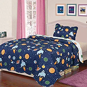 Sapphire Home 2pc Twin Size Reversible Bedspread Quilt Set Bedding for Kids Teens Boys, Outer Space Rockets Planets Print Navy Blue Coverlet, Twin Bedspread + Pillow Sham, Twin Space Rockets