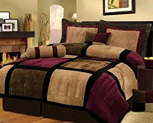 7 Piece Burgundy Brown Black Bed in a Bag Micro Suede King Comforter Set with accent pillows