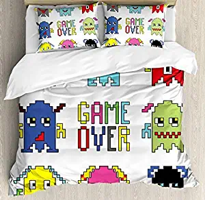 King Size 90s 4 Piece Bedding Set Duvet Cover Set, Pixel Robot Emoticons with Game Over Sign Inspired by 90's Computer Games Fun Artprint, Comforter Cover Bedspread Pillow Cases with Zipper Closure