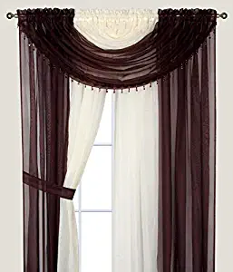 Elegant Home Complete Window Sheer Curtain All-in-One Set with Attached 4 Panels 2 Valances and Two Tiebacks for Living Room, Dining Room, Or Any Other Windows- Laura Short (Chocolate/Beige)