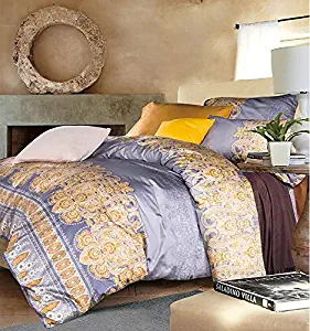 LELVA Luxury Bohemian Bedding Silver Duvet Cover Set Boho Bedding Cotton 4Pcs Ethnic Style Bedding Full Queen King (King, Fitted Sheet)