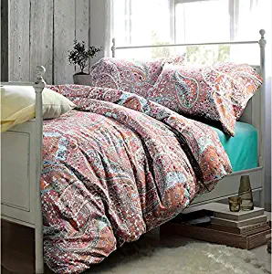 LELVA Bohemia Paisley Bedding Set 100% Cotton 4-Piece Boho Duvet Cover Set Fitted/Flat Sheet Set Full Queen King (Queen, Fitted Sheet)