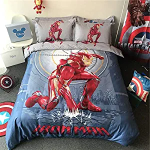 EVDAY 3D Marvel Iron Man Bedding for Boys 100% Cotton Kids Bedding Including 1Duvet Cover,1Flat Sheet,2Pillowcases Queen Full Twin Size